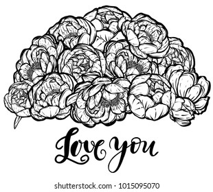 Vector illustration.Flower decoration of peonies.background white, prints on T-shirts.Handmade,card for you