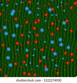 Vector illustration-flower meadow. Texture with green, red and blue colors.