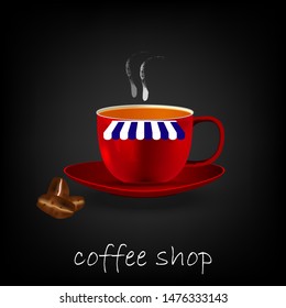 vector illustration,fresh coffee cups and shops on a black background