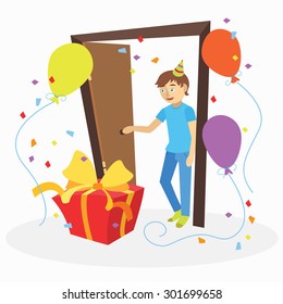 Vector illustration/funny cartoon man with unexpected birthday gift