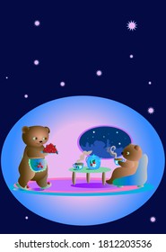 Vector illustration.Funny toy bears drinking evening tea.For printed products.