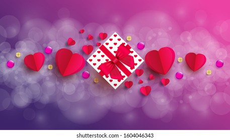 Vector and illustration,Gift box and Pink heart bokeh  background ,Valentine's Day concept. love iconic, ideas for gift, art, design, decoration.