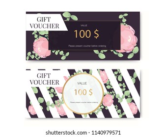Vector illustration,Gift voucher template with clean and modern pattern. Tropical flower and leaf with golden decorate.