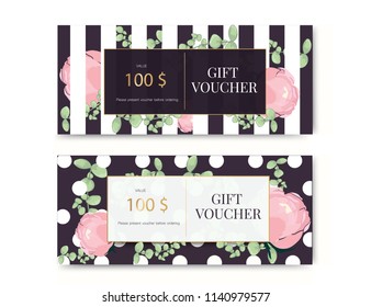 Vector illustration,Gift voucher template with clean and modern pattern. Tropical flower and leaf with golden decorate.