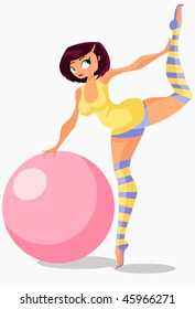 Vector illustration:girl in gym suit stands on one leg and leans on gymnastic ball.