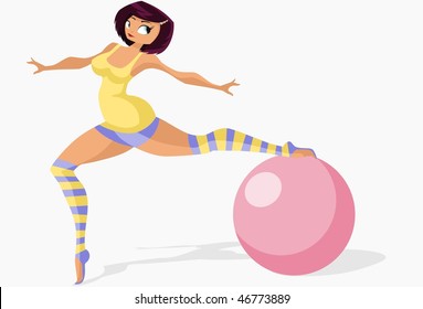 Vector illustration:girl in gym suit stands on one leg and leans on gymnastic ball.