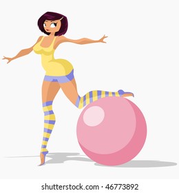 Vector illustration:girl in gym suit stands on one leg and leans on gymnastic ball.