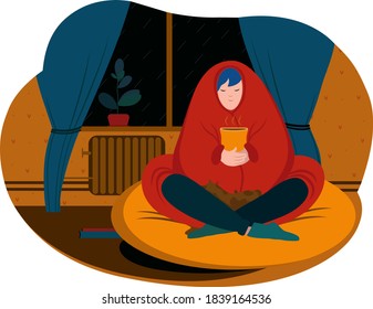 Vector illustration.Girl sits in a blanket and drinks a warm drink to keep warm.Cat is sleeping on its knees.Books are lying nearby.Outside the window is bad weather.