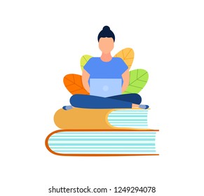 Vector illustration,girl student graduate sitting on books with laptop surrounded by greenery,online English education