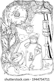 vector illustration,glass jar with a key inside and with a butterfly,closed with a cork,flowers,a glass of wine and with strawberries,a lamp,doodle,coloring book
