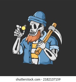 Vector Illustration.gold Miner Skull, Find Gold Coins.nice Design To Print On T-shirts,stickers And Hoodies