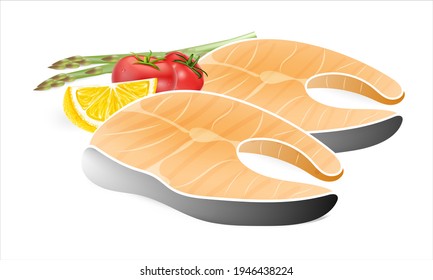 Ilustración vectorial, pescado a la parrilla, limón y verduras sobre fondo blanco