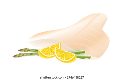 Vector illustration,grilled fish, lemon and vegetables on white background