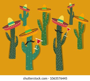 Vector illustration.Group of cactus celebrating holiday.
