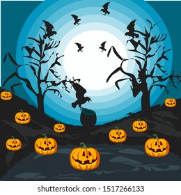 Vector illustration-Halloween. Black trees, black crows, orange pumpkins on a blue background. For festive backgrounds, drawings, decorations.