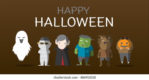 Vector illustration.halloween costume character.mummy,ghost,pumpkin,werewolf,frankenstein and dracula