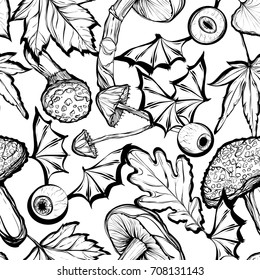 Vector illustration.Halloween. Eyes with wings,mushrooms,leaves.Handmade,prints on T-shirts.tattoos,background white,seamless pattern