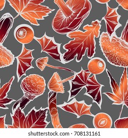 Vector illustration.Halloween. Eyes with wings,mushrooms,leaves.Handmade,prints on T-shirts.tattoos,background gray,seamless pattern. Orange claret color