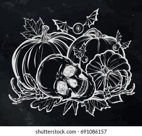 Vector illustration.Halloween. Skull, leaves, pumpkin. Handmade, prints on T-shirts, background chalkboard, tattoos