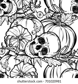 Vector illustration.Halloween. Skull, leaves, pumpkin. Handmade, prints on T-shirts, background white, tattoos. seamless pattern