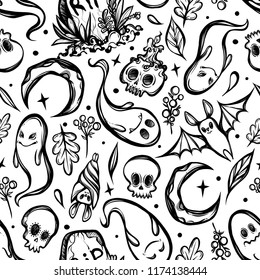 Vector illustration,Halloween,ghosts, skulls, grave, crescent, bat, mysticism. Handmade, prints on T-shirts,seamless pattern,light background