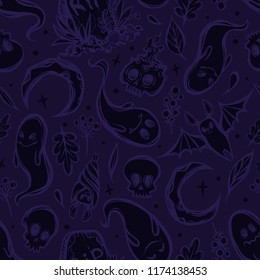 Vector illustration,Halloween,ghosts, skulls, grave, crescent, bat, mysticism. Handmade, prints,seamless pattern,dark purple background