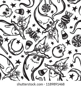 Vector illustration,Halloween,ghosts in witch hats,skulls, sweets, mysticism. Handmade, prints on T-shirts,seamless pattern,light background