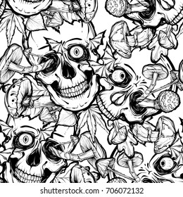 Vector illustration.Halloween.Skull,mushrooms,leaves.Handmade,prints on T-shirts, background white.tattoos,seamless pattern