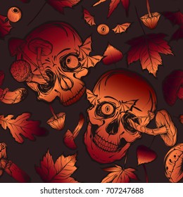 Vector illustration.Halloween.Skull,mushrooms,leaves.Handmade,prints on T-shirts.tattoos,background brown,seamless pattern,Orange claret color