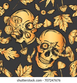 Vector illustration.Halloween.Skull,mushrooms,leaves.Handmade,prints on T-shirts.tattoos,background gray,seamless pattern,gold color