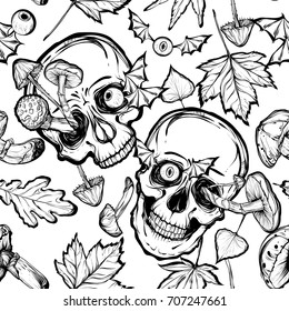 Vector illustration.Halloween.Skull,mushrooms,leaves.Handmade,prints on T-shirts.tattoos,background white,seamless pattern
