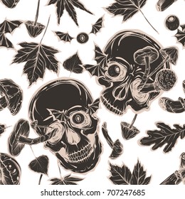 Vector illustration.Halloween.Skull,mushrooms,leaves.Handmade,prints on T-shirts.tattoos,background white,seamless pattern,gray color