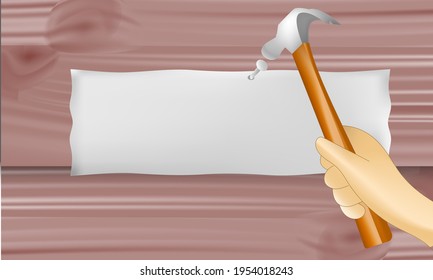 Vector illustration,Hammer a nail into a wall for sign on a wooden wall. 
