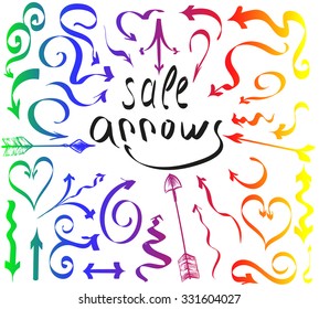 Vector illustration.Hand drawing arrows in the form of twisted ribbons.Rainbow gradient on a white background.