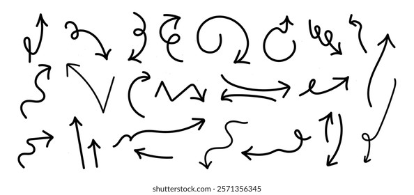 Vector illustration.Hand drawn grunge pencil brush sketch direction element. Simple black arrows hand drawn isolated on white background. Arrow mark icons and arrow paint.