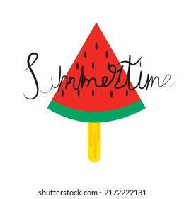 Ilustración de vectoresComposición de letras dibujada a mano de Summertime con sandía Diseño de caligrafía manuscrita
