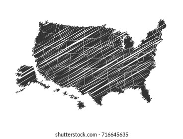 Vector Illustration.Hand Drawn Map Of United States Sketch Black On White Background