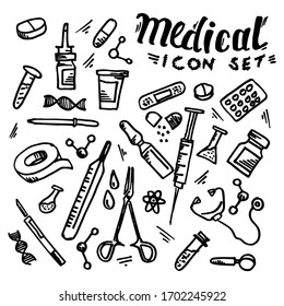 Vector illustration.Hand drawn medical set of icons