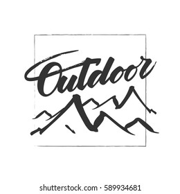 Vector illustration:Hand drawn Modern brush lettering composition of Outdoor adventure with silhouette of mountains. T-shirt design.