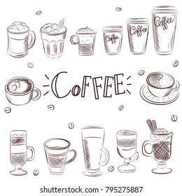 Vector illustration.Hand drawn sketch vintage coffee set. Menu design for cafe, restaurant, coffee shop