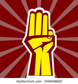 Vector illustration,Hands up three fingers, symbolizing the protesters on a radial backdrop. 