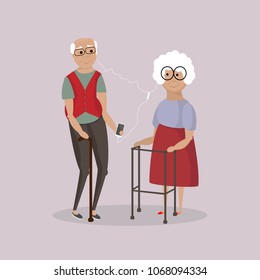 Vector illustration.Happy active elderly couple listening to music.