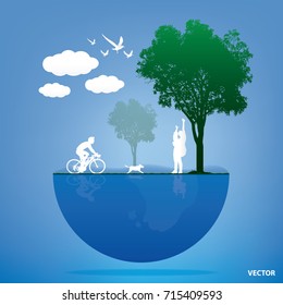 Vector illustration,Happy family time, Daddy is cycling. Mother stood carrying her son under the tree. In the sky there are clouds and birds flying.