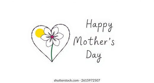 Vector illustration.Happy Mother day card. Flower inside heart. Symbol of love, care and happiness. One line drawing with color spot.  isolated  on white background.
