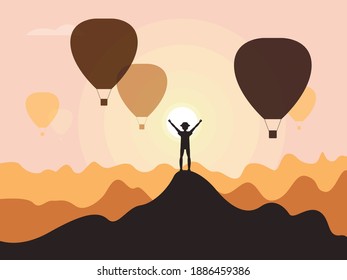 Vector illustration-happy solo traveler on top of a high mountain and silhouettes of balloons against a beautiful sunset sky on a warm summer evening. freedom Concept -