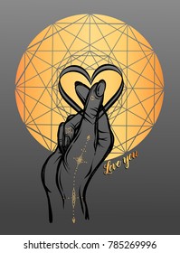 Vector illustration.heart hands.sacred geometry. Handmade, prints on T-shirts, tattoos, background grey, gold color
