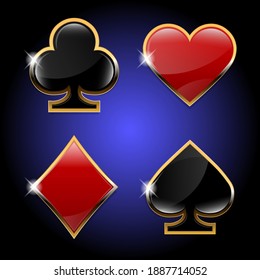 Vector illustration.Hearts, Diamonds, Clubs, Spades.Casino suits with golden elements.