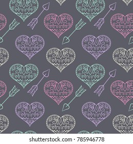  Vector illustration.Hearts doodles ornament.Seamless pattern
