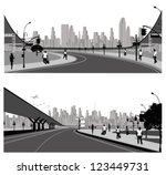 Vector illustration.Highway .City skyline and people silhouettes