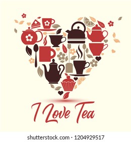 Vector illustration-I love tea. Tea icons in heart.